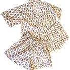 Rosalie block-print short pyjama set, red flowers on cream