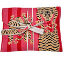 Block printed tiger design against a striped background on a cotton poplin pyjama top and bottoms.