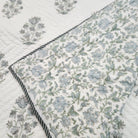 Blue dahlia block-print single quilt, handmade in India, 165 x 241 cm