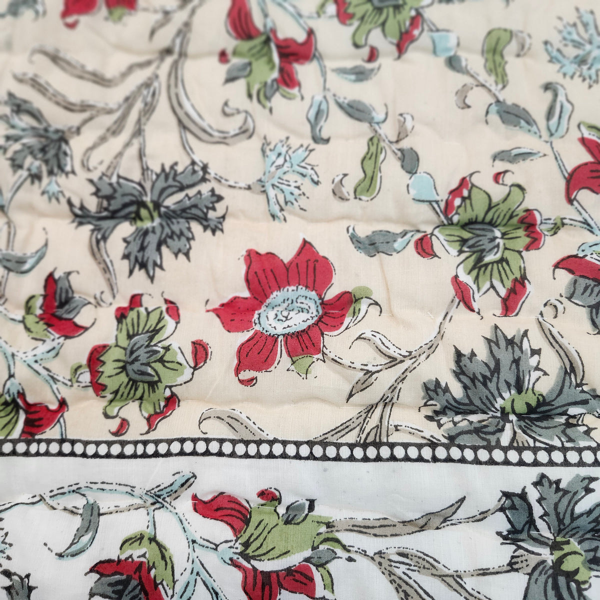 Mughal floral block-print quilt detail, 228 x 275 cm
