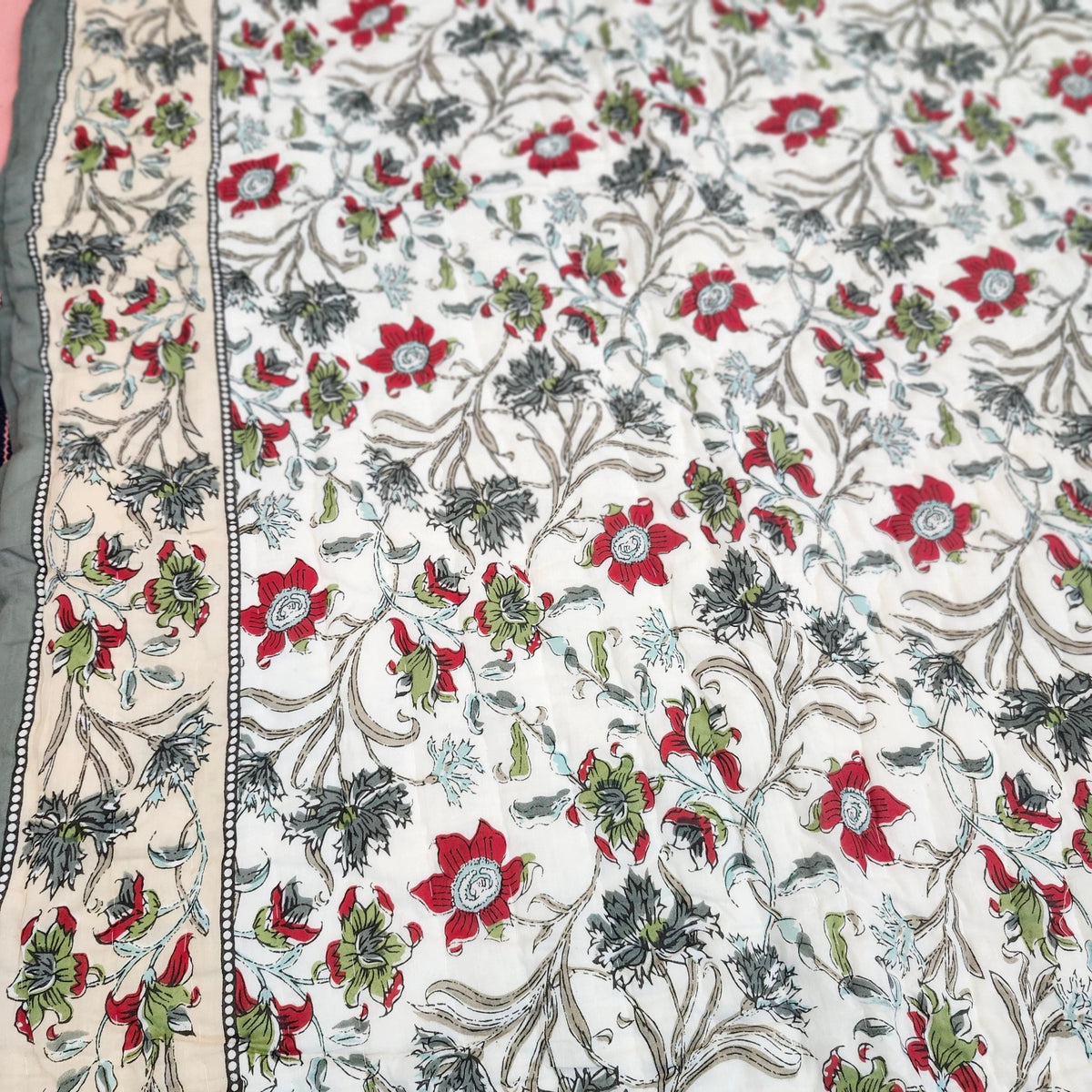Reversible Mughal block-print cotton quilt, queen size