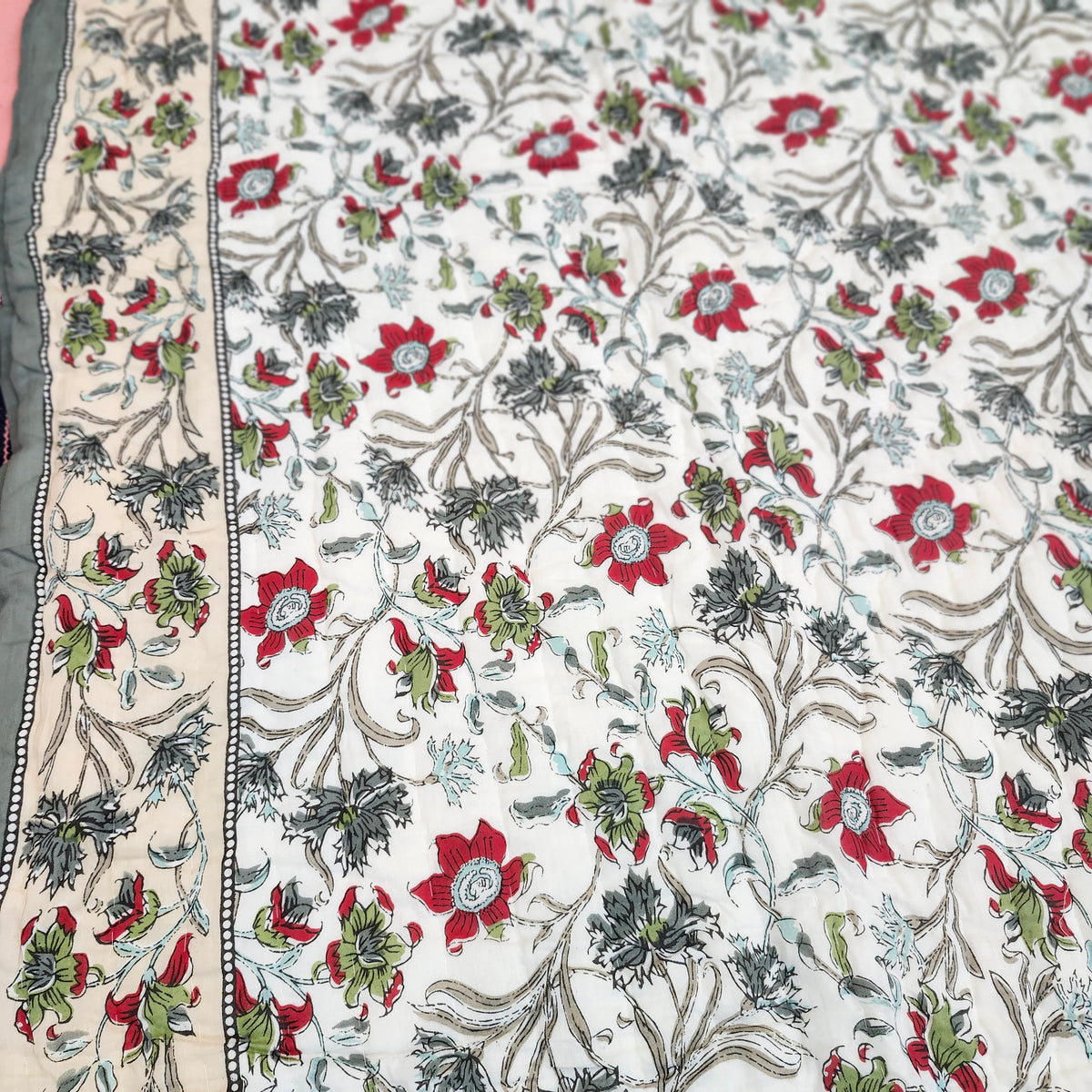 Reversible Mughal block-print cotton quilt, queen size