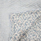 Single block-print quilt with a blue and white stripe on one side, reversible