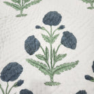 Single block-print cotton quilt with large blue poppies on one side, reversible, made in India
