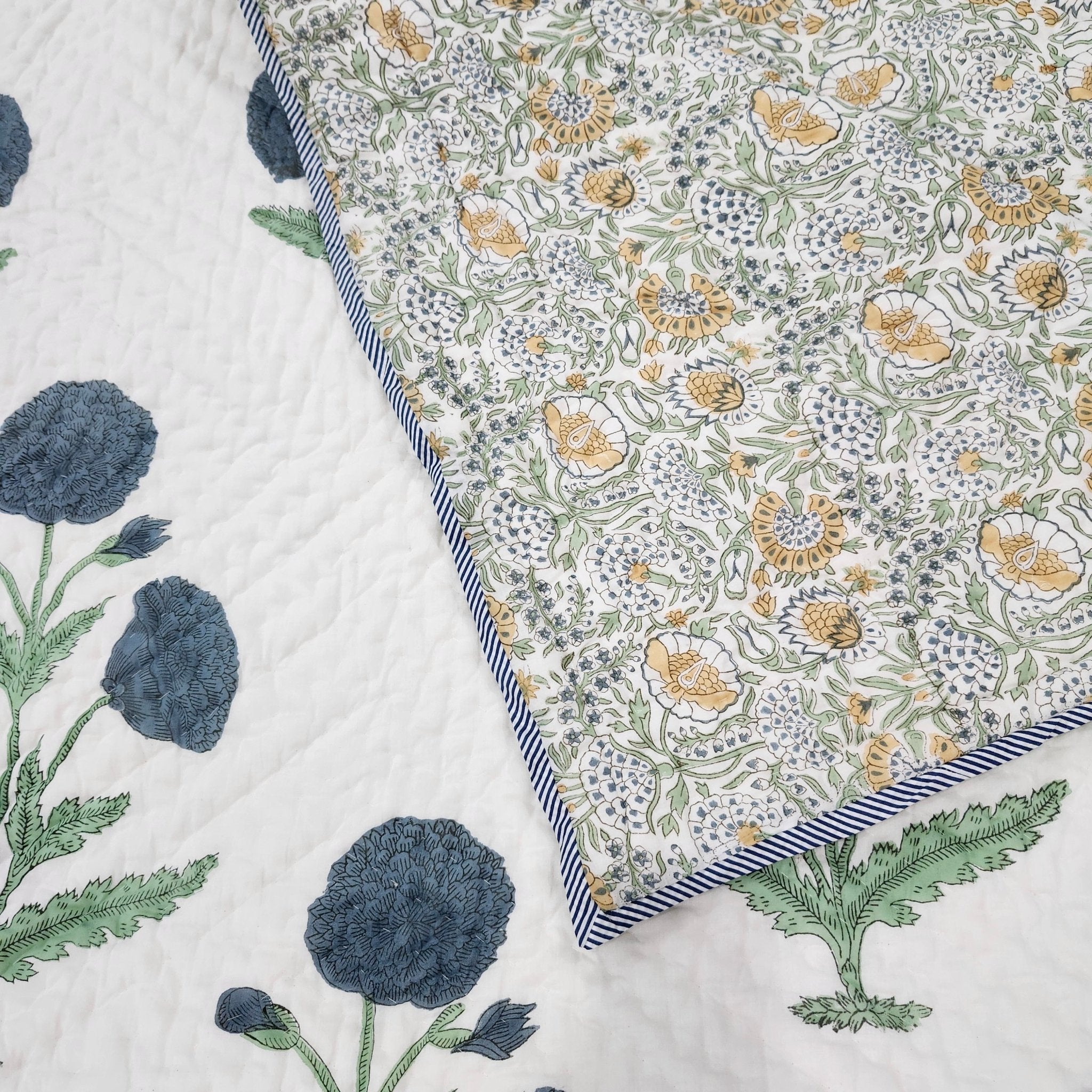 Reversible blue poppy block-print quilt, 150 x 225 cm, detail of the print