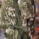 Fan Palms block print cotton robe, palm print on white with green trim, one size