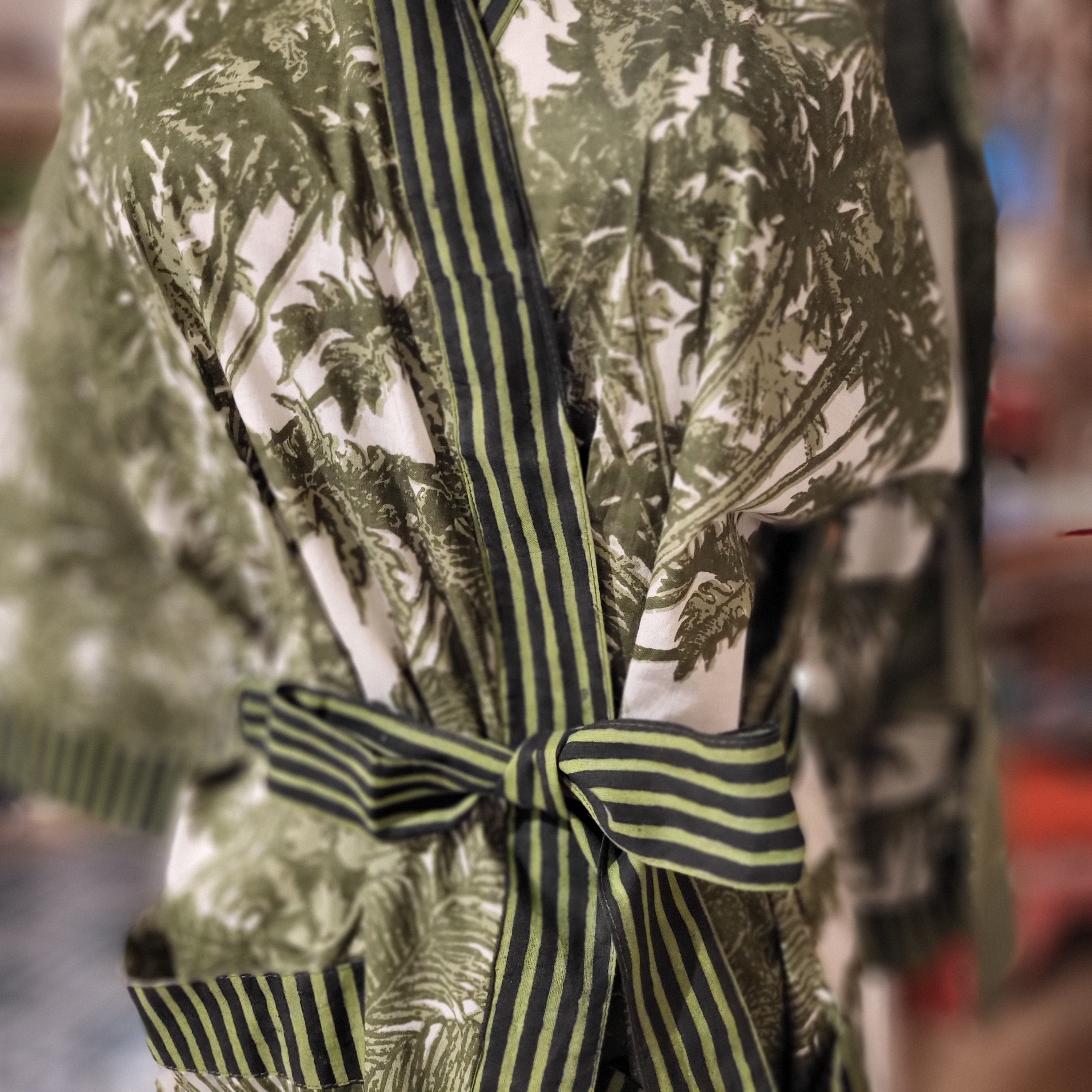 Fan Palms block print cotton robe, palm print on white with green trim, one size