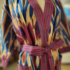 Blue and pink ikat block print cotton bathrobe, detail view