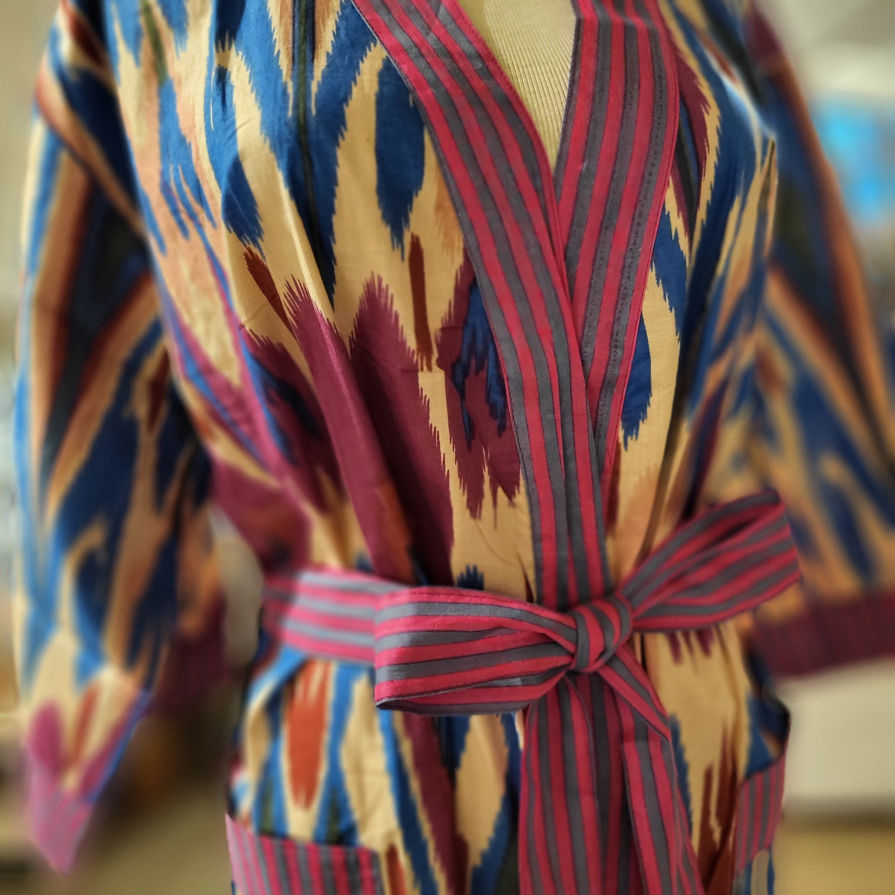 Blue and pink ikat block print cotton bathrobe, detail view