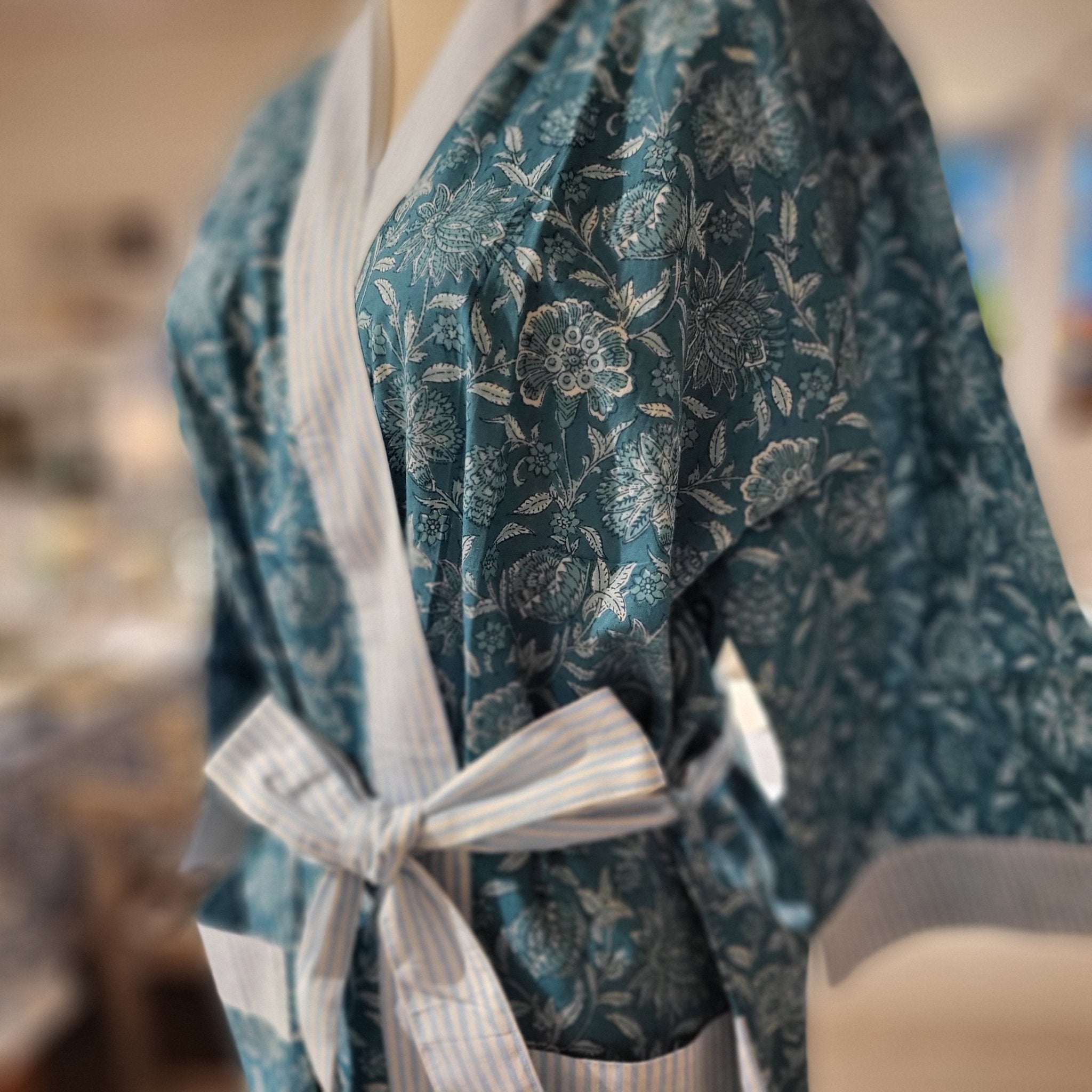 Floral Teal block print cotton robe, floral on teal with blue stripe trim, one size