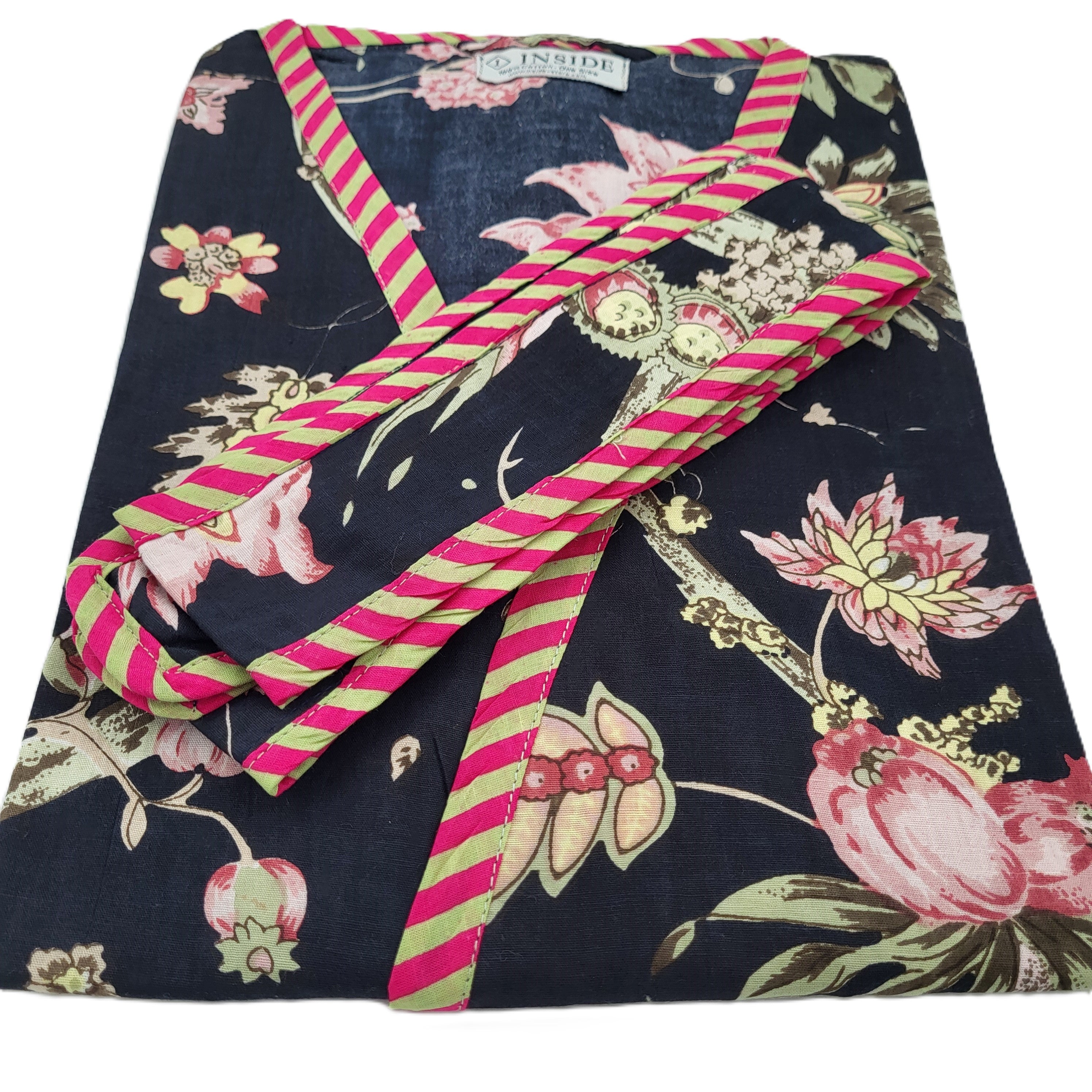 Floral Black block print cotton robe, vibrant floral on black, one size
