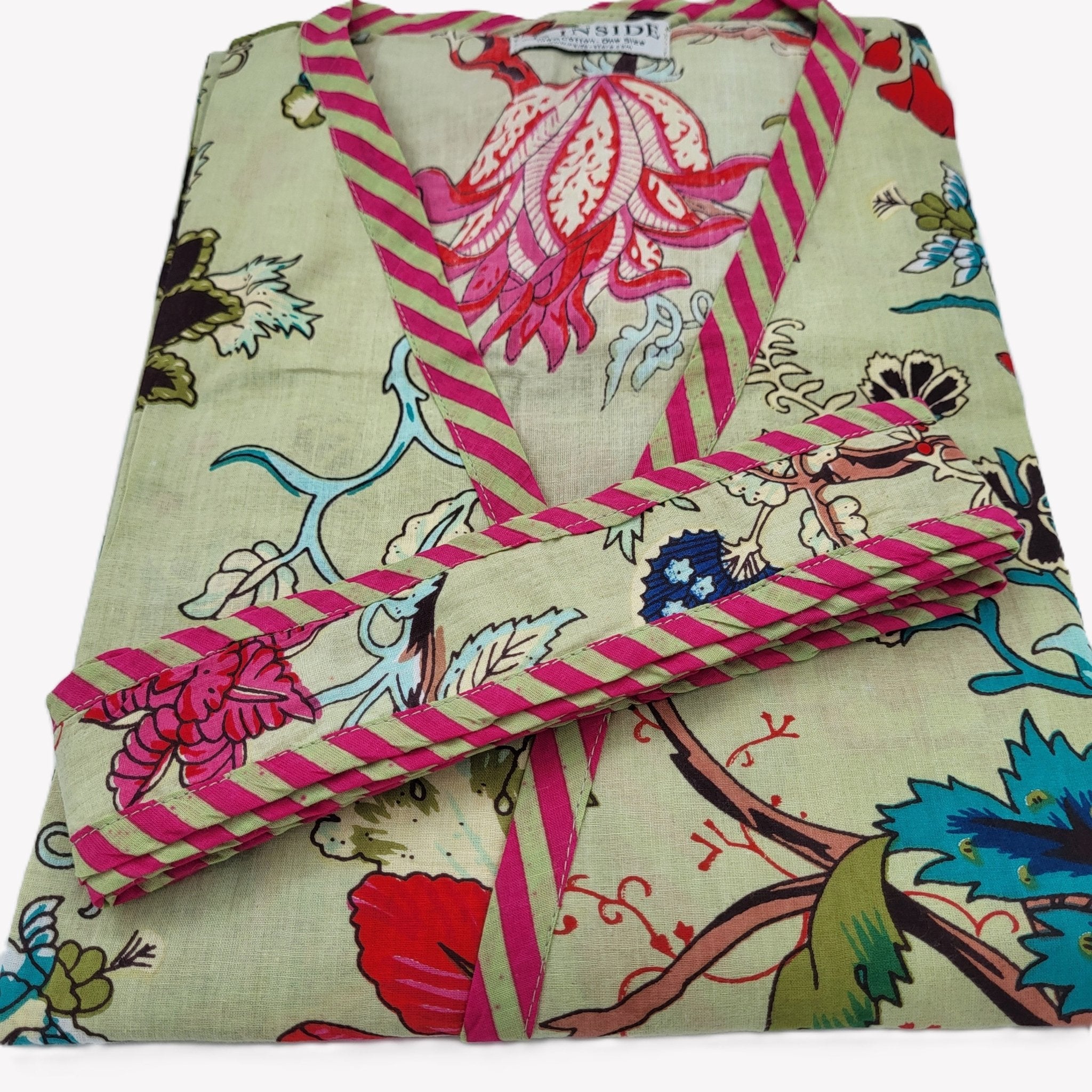 Tropical Flower Green block print cotton robe, leaf print with pink trim, one size