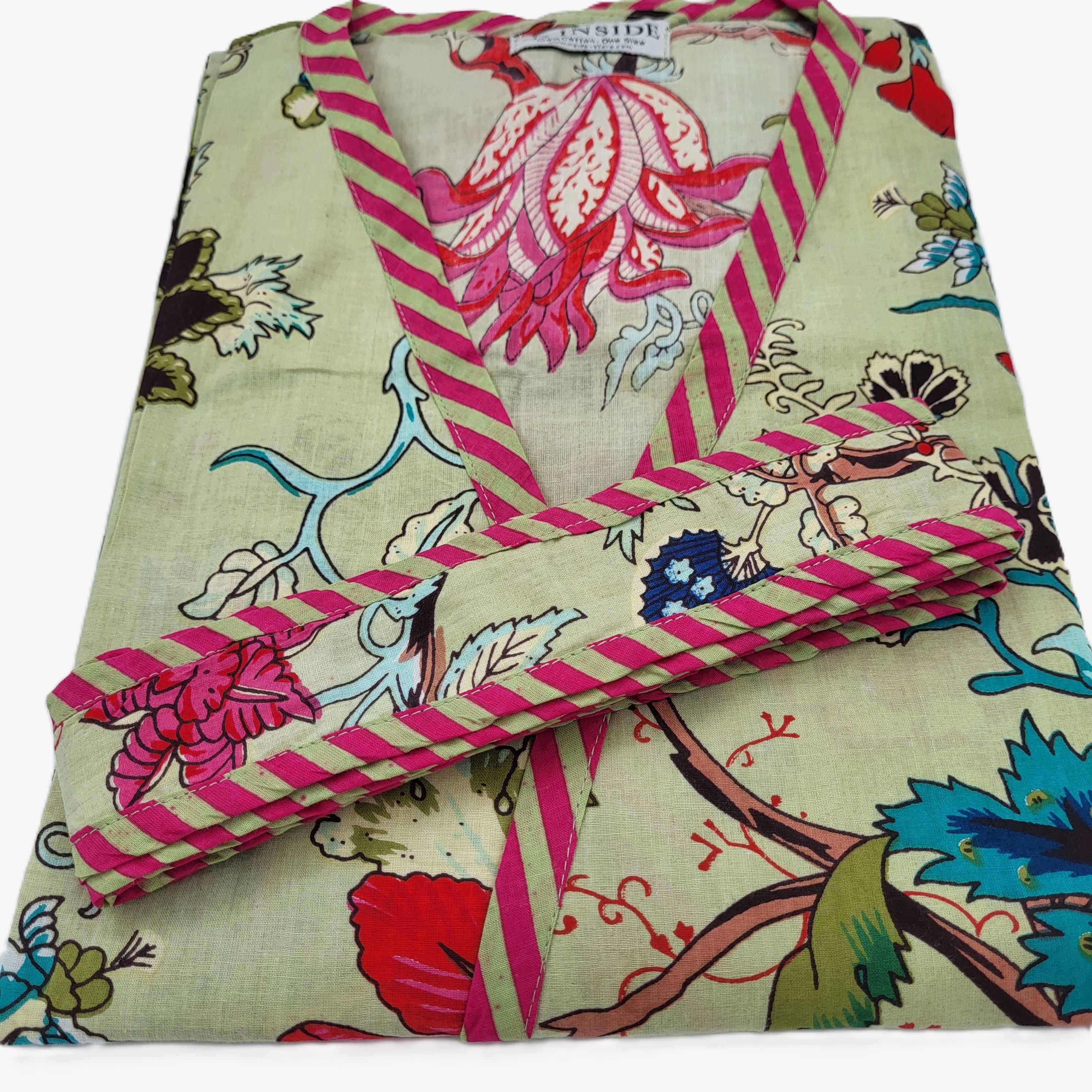 Tropical Flower Green block print cotton robe, leaf print with pink trim, one size