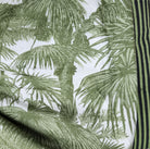 Fan palm print cotton bathrobe, contrast green and black trim, detail view
