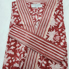 Festive red and white cotton bathrobe, block print, detail view