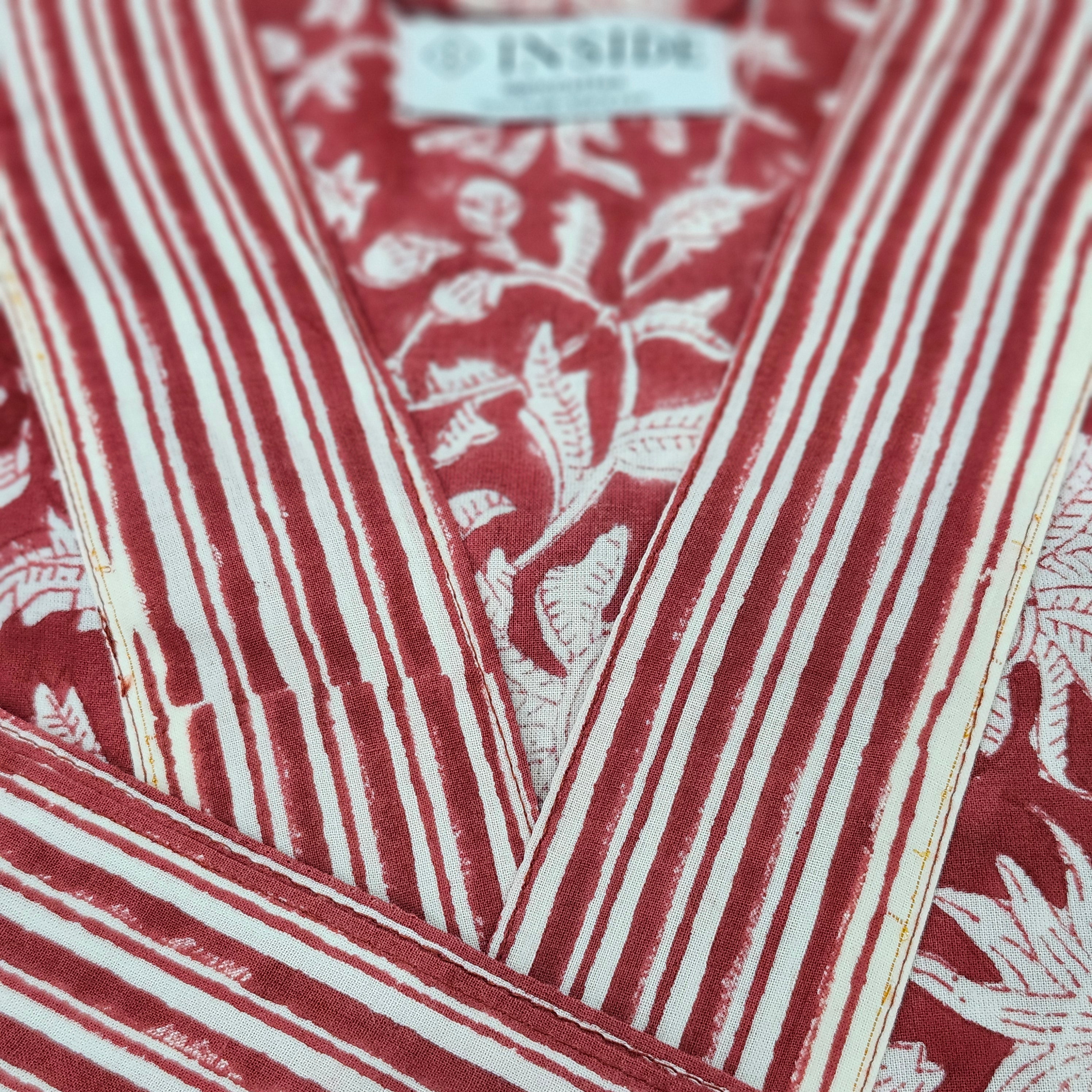 Festive red cotton robe, block print, machine washable, detail