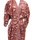 Red and white block print robe, cotton, one size fits most, styled