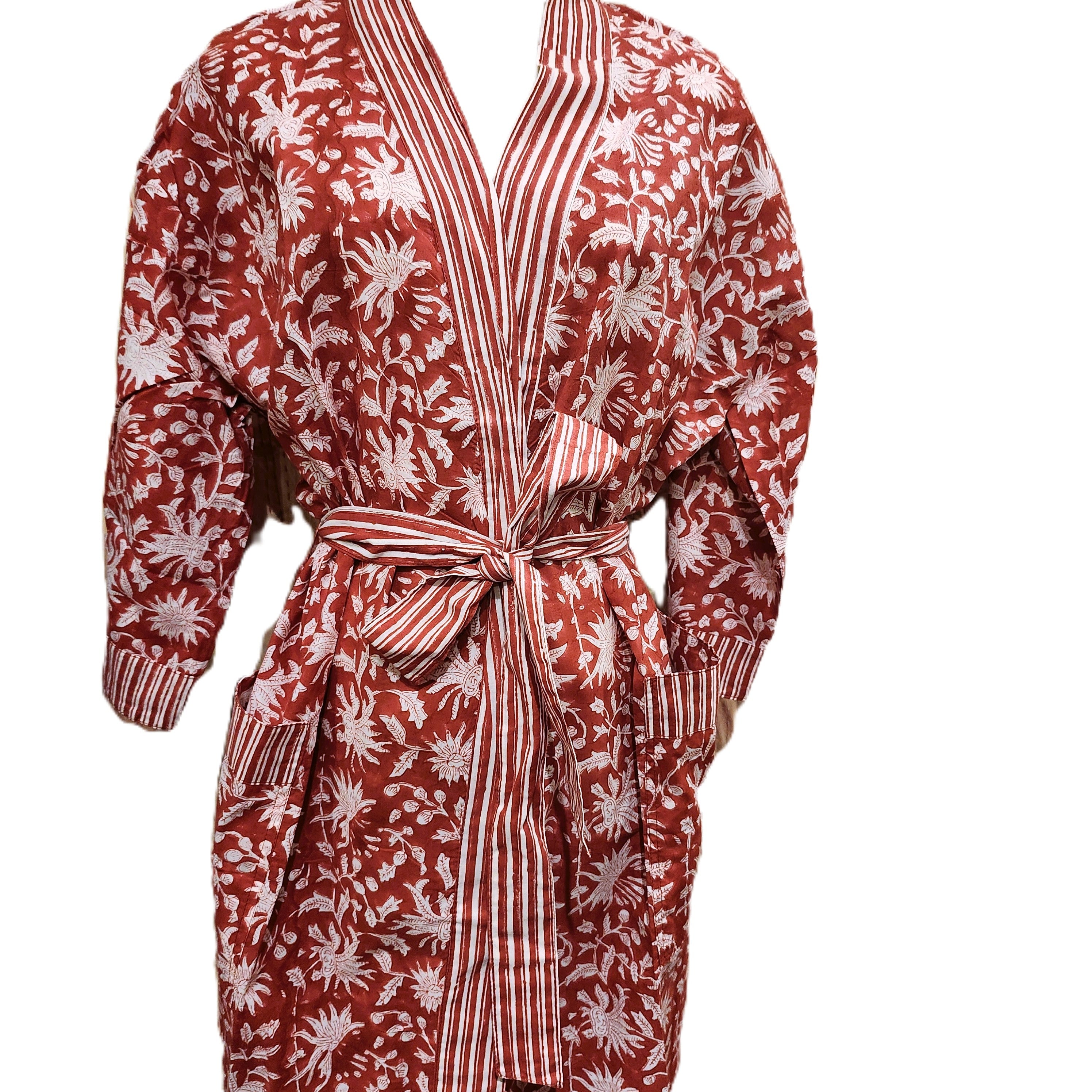 Red and white block print robe, cotton, one size fits most, styled