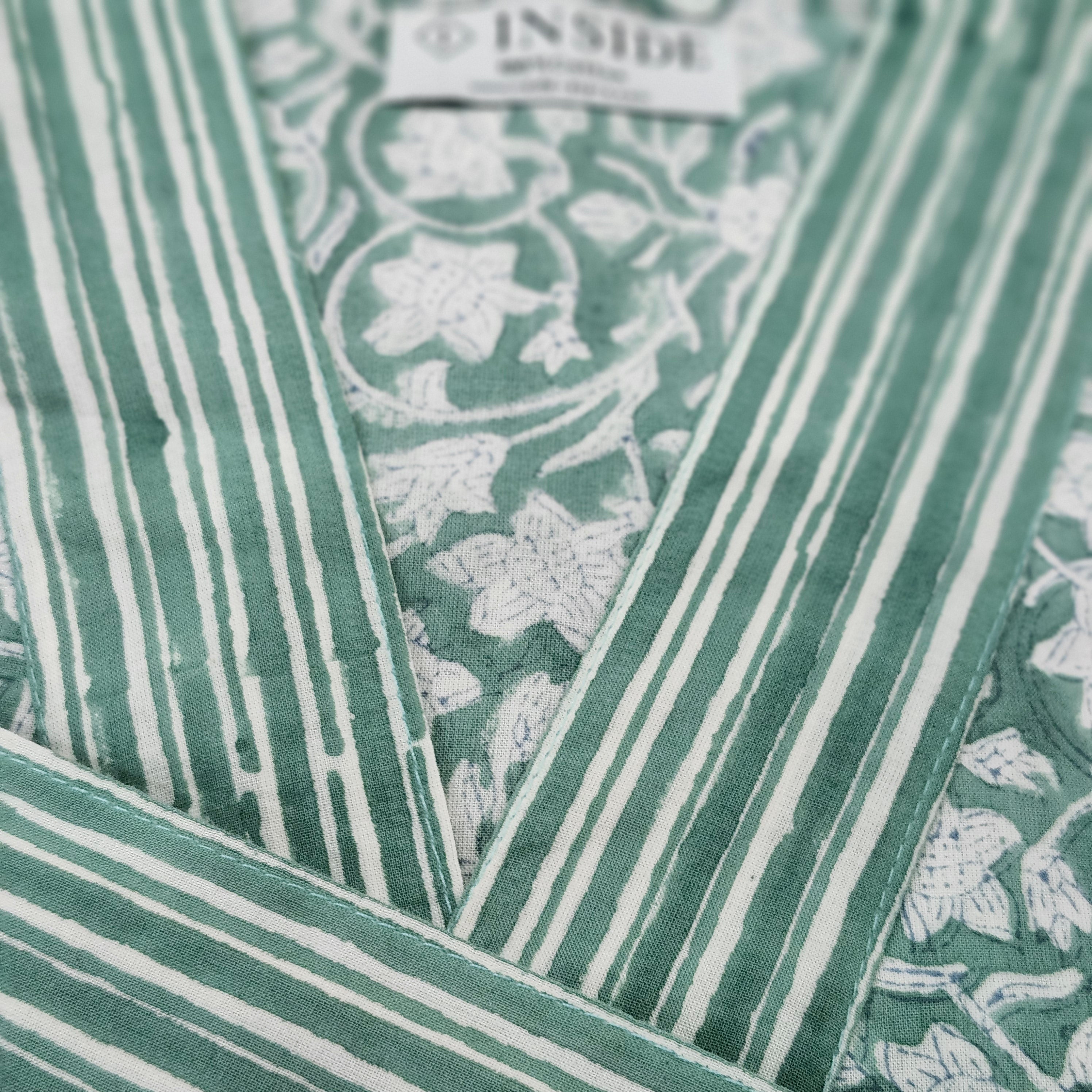 Green and white floral cotton robe, block print, styled
