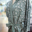 Floral Green block print cotton robe, green and white floral, one size, detail
