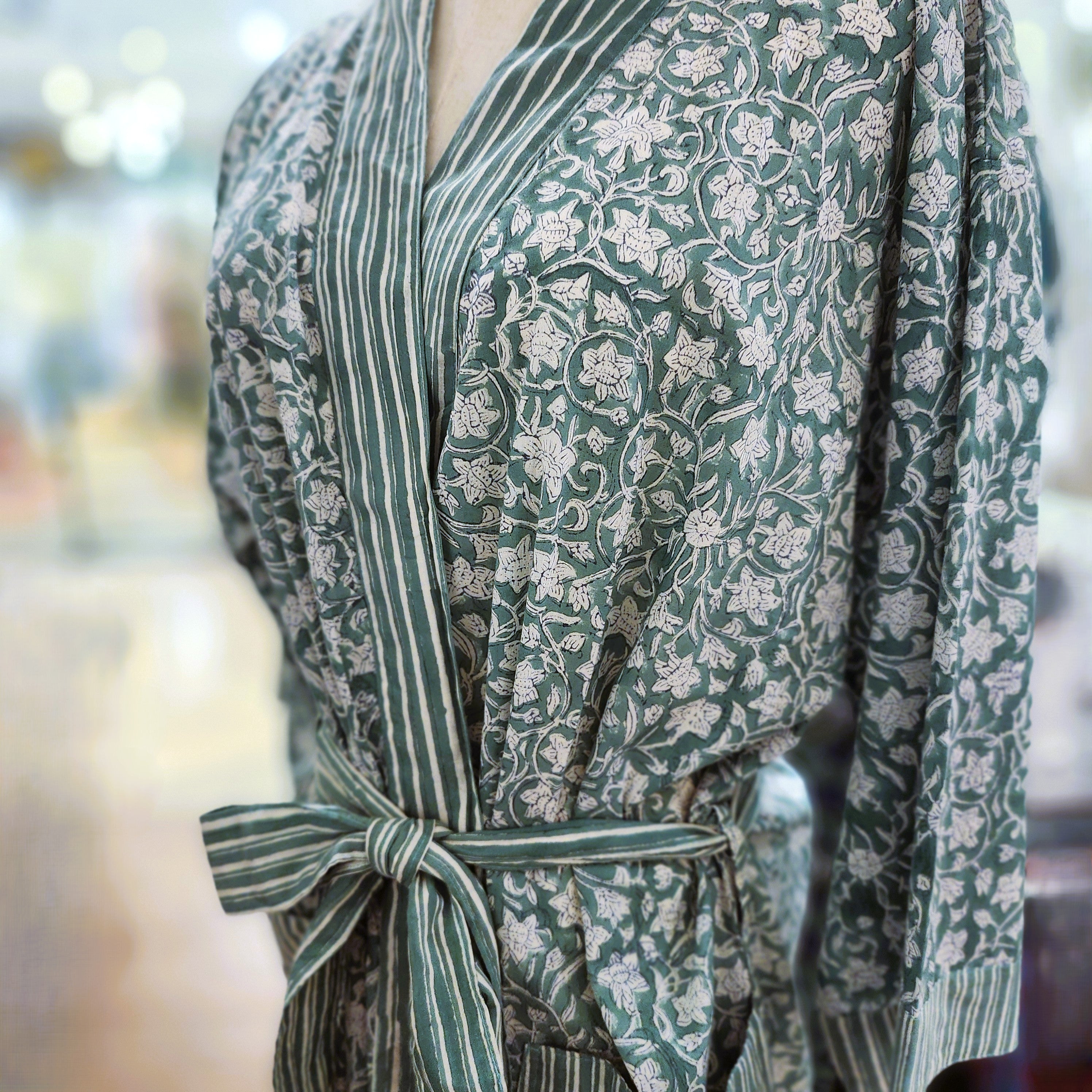 Floral Green block print cotton robe, green and white floral, one size, detail
