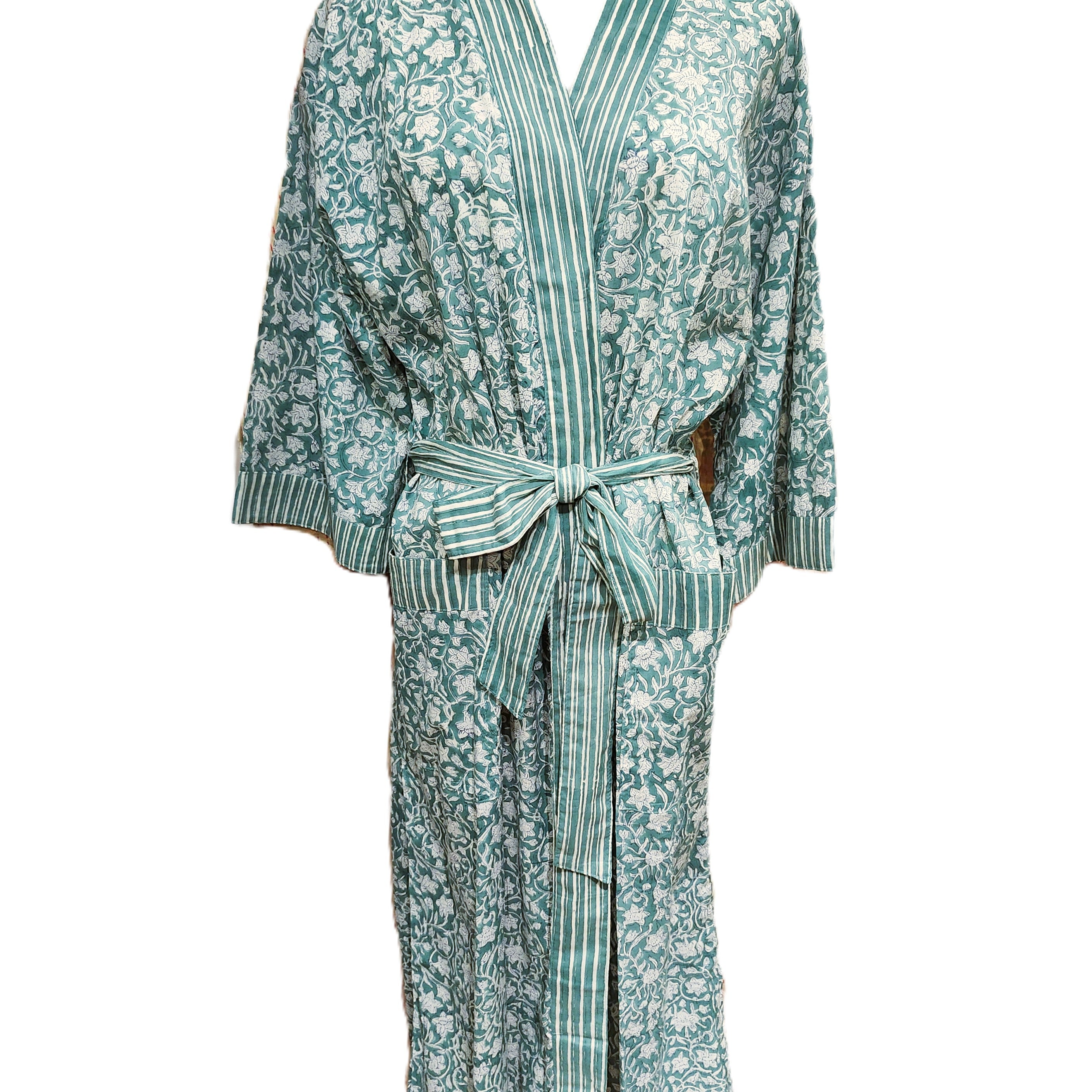 Green and white floral block print cotton robe, toning trim and belt