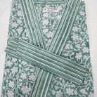 Floral green cotton bathrobe, block print, machine washable
