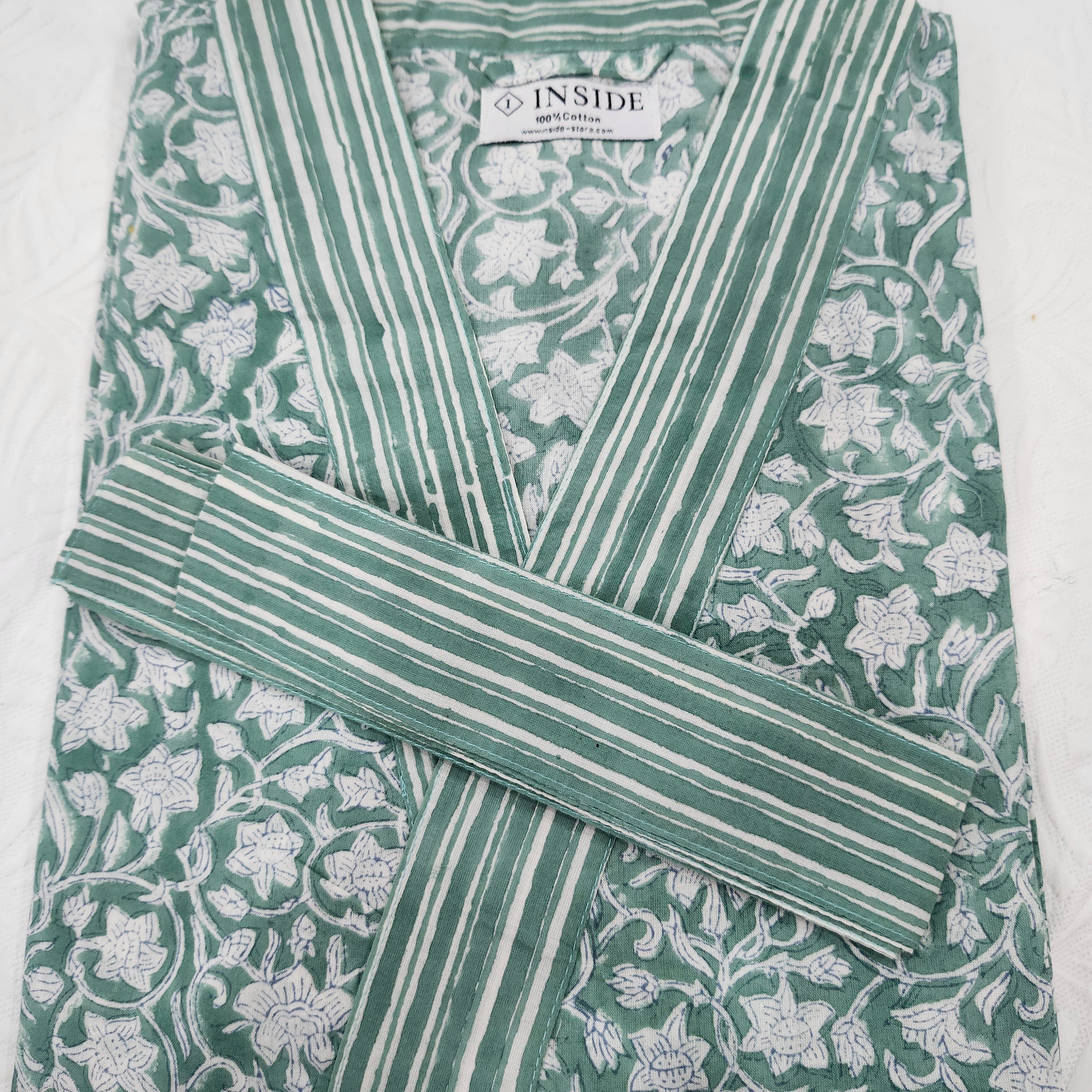 Floral green cotton bathrobe, block print, machine washable