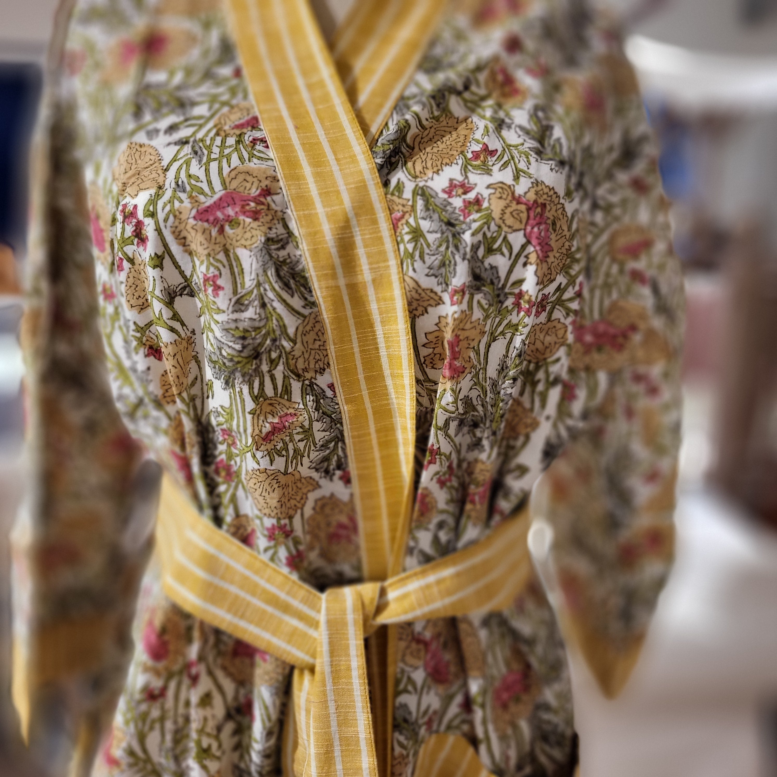 Meadow flower print cotton robe, cream ground, machine washable, styled