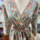 Pale blue hibiscus print cotton robe, block print, detail view