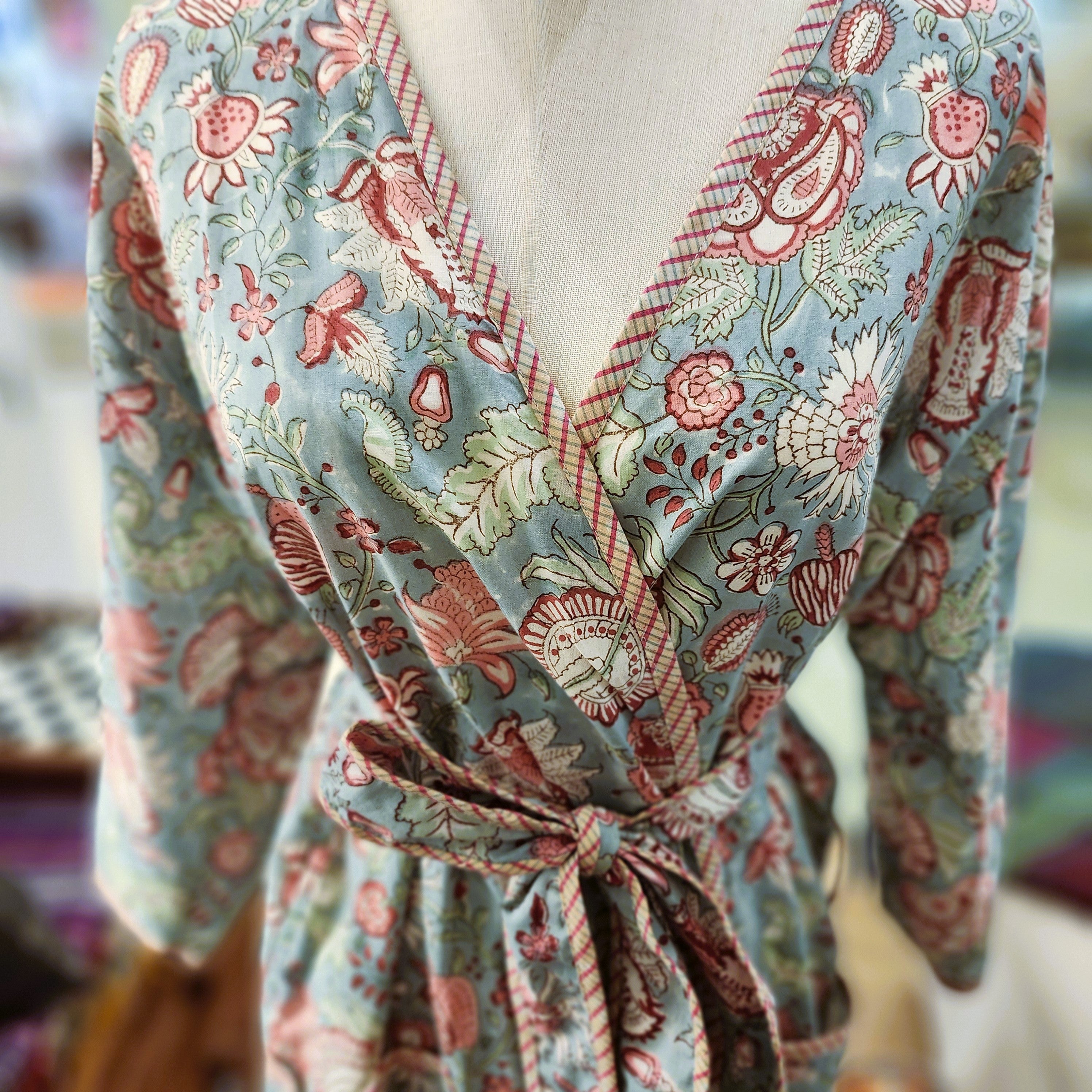 Pale blue hibiscus print cotton robe, block print, detail view