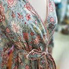 Hibiscus cotton bathrobe, pale blue with contrast piping, detail view