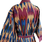 Ikat print cotton robe, contrast block print stripe trim, machine wash