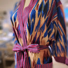 Ikat block print cotton robe, blue and pink ikat with stripe trim, one size