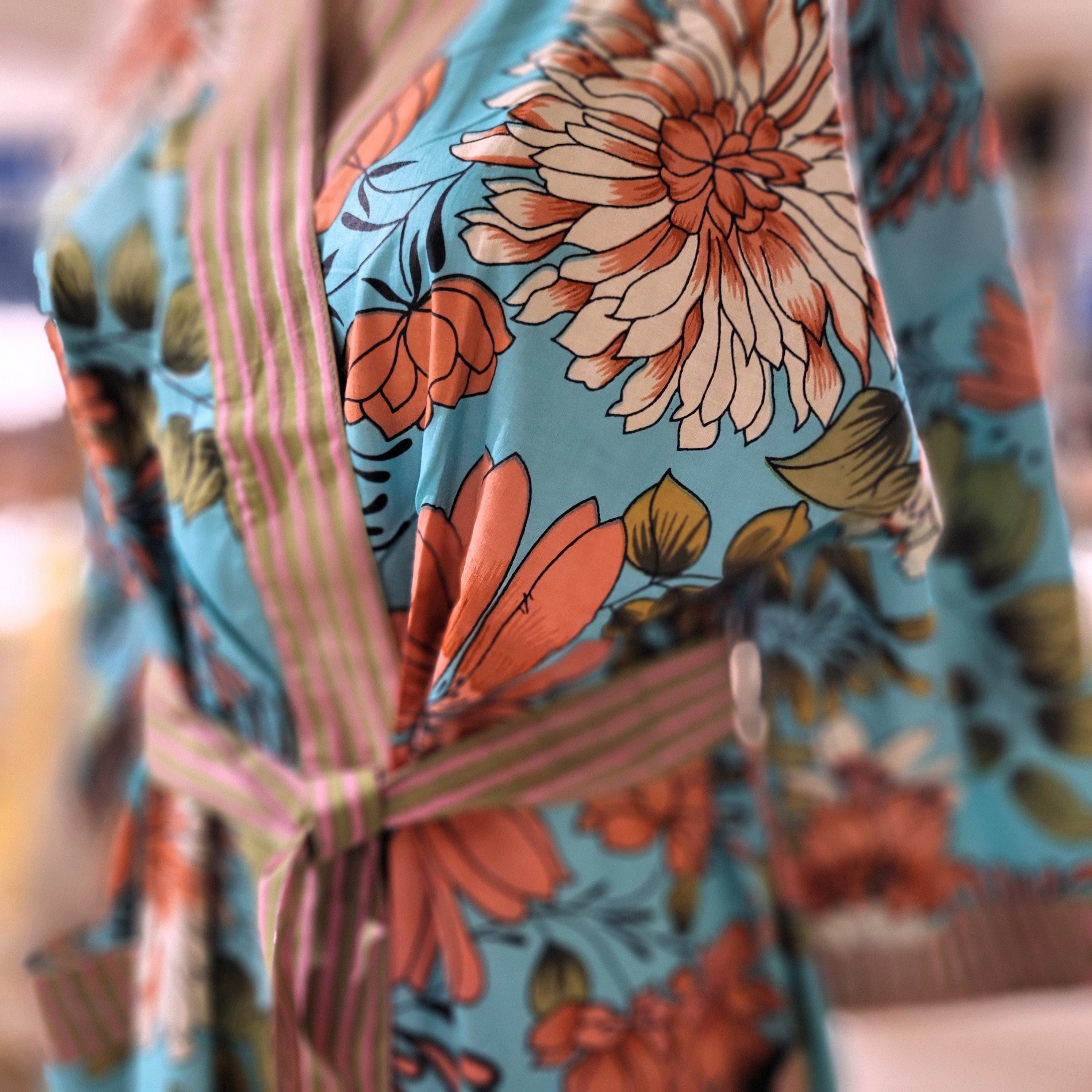 Mikado block print cotton robe, pink chrysanthemums on turquoise, one size
