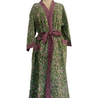 Sage floral block print cotton bathrobe, contrast red belt, detail view