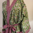 Floral Sage block print cotton robe, floral on sage with red trim, one size