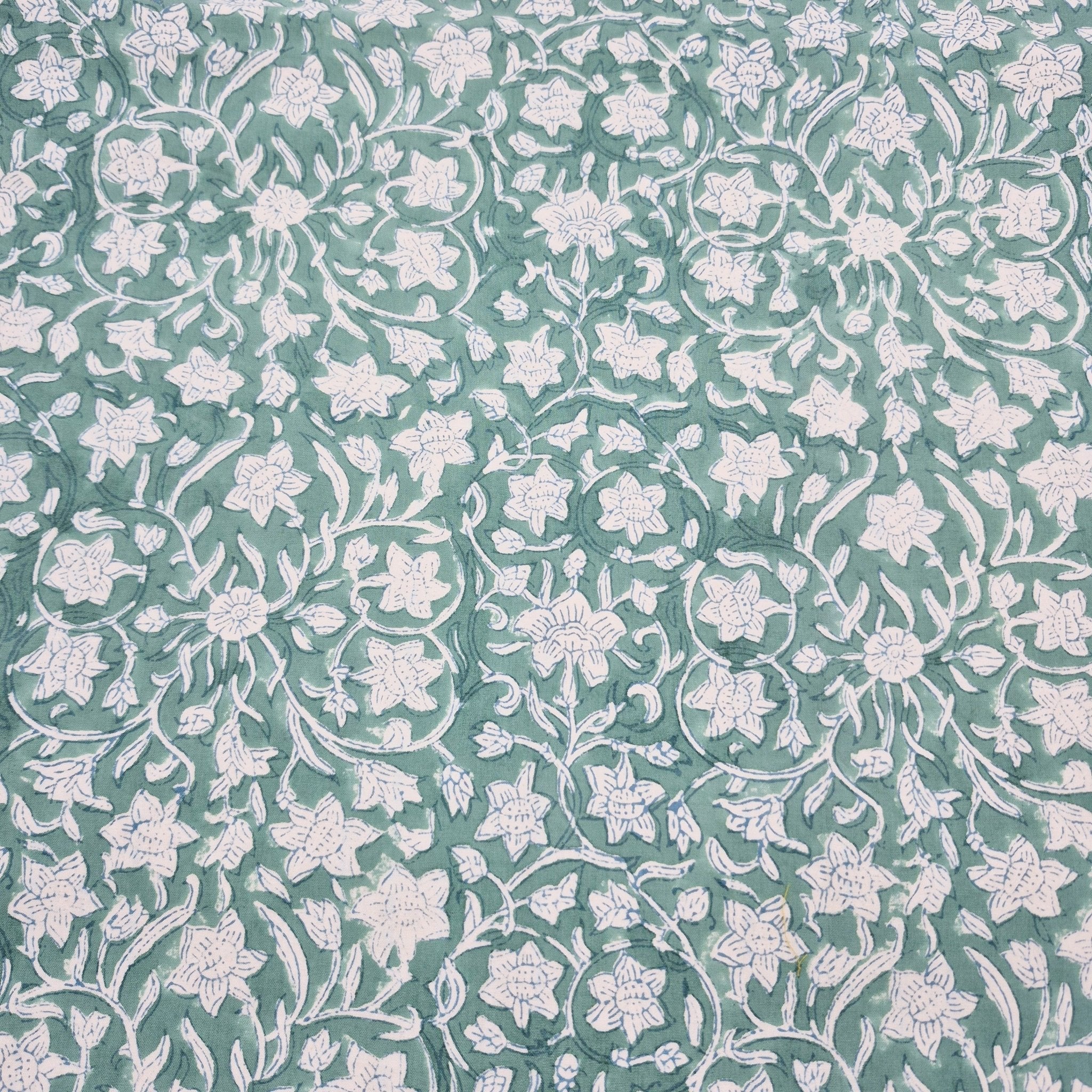 Floral Green Block Print pattern in teal green and white