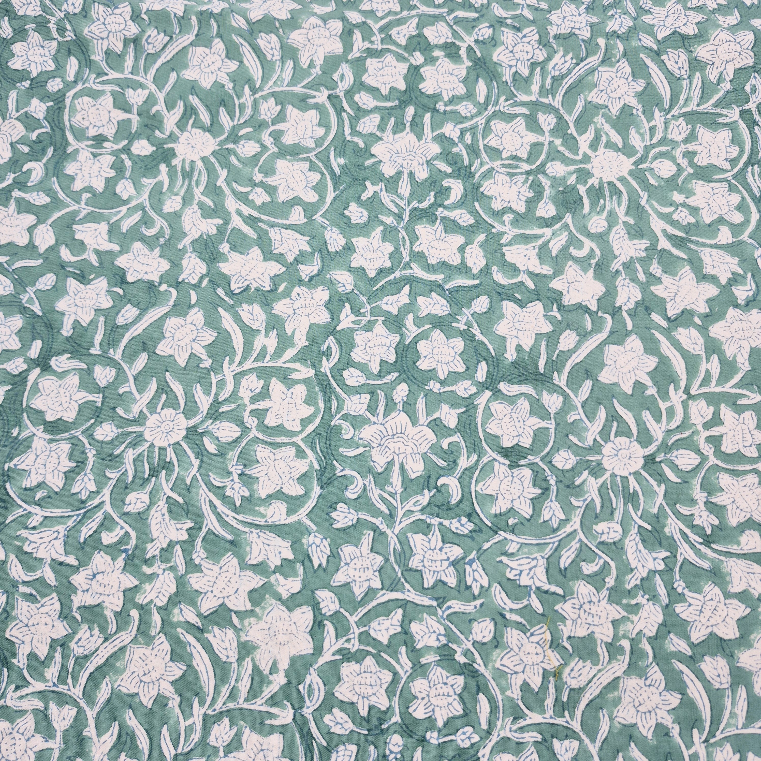 Floral Green Block Print pattern in teal green and white