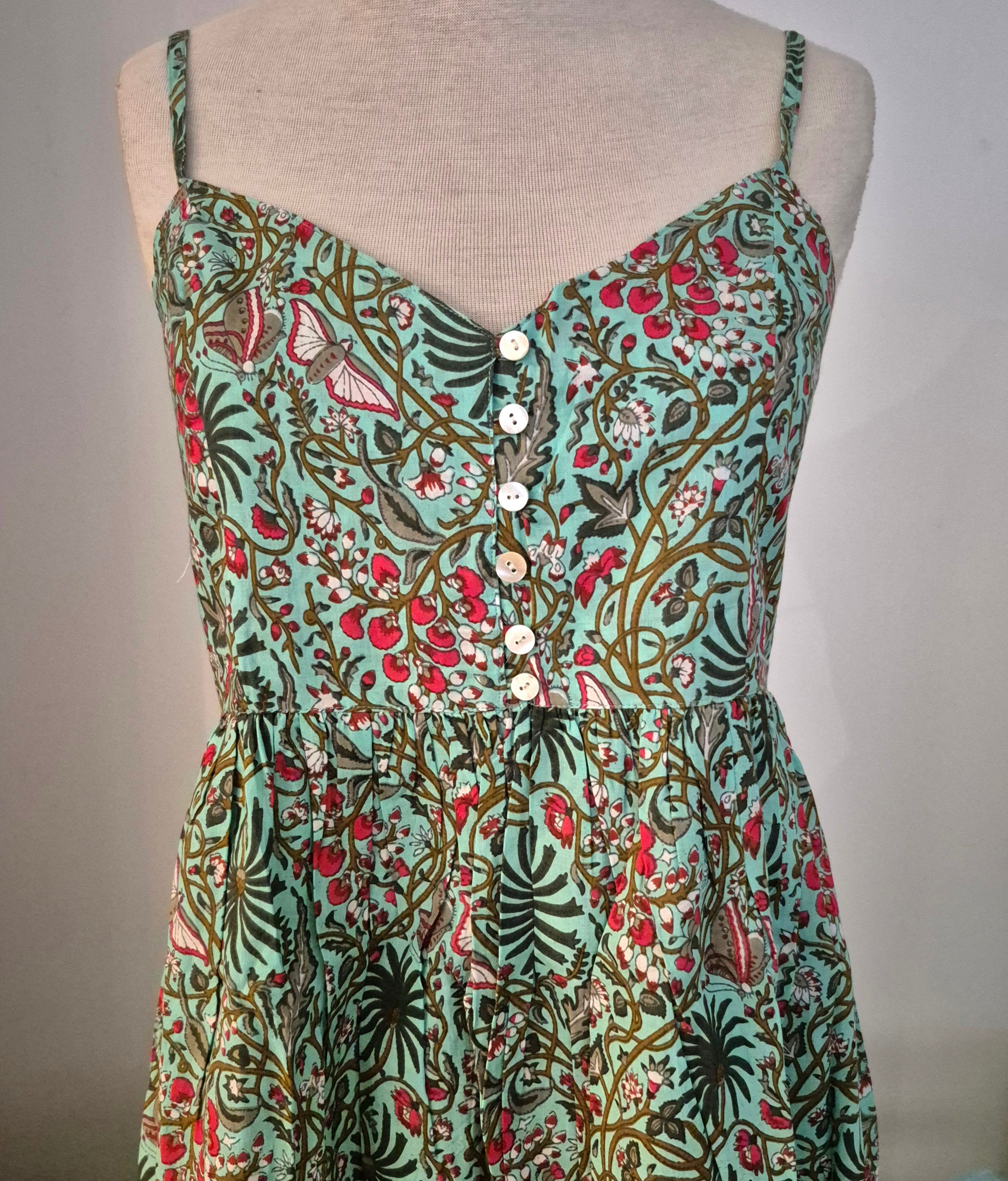 Block-print cotton sundress in a rainforest print