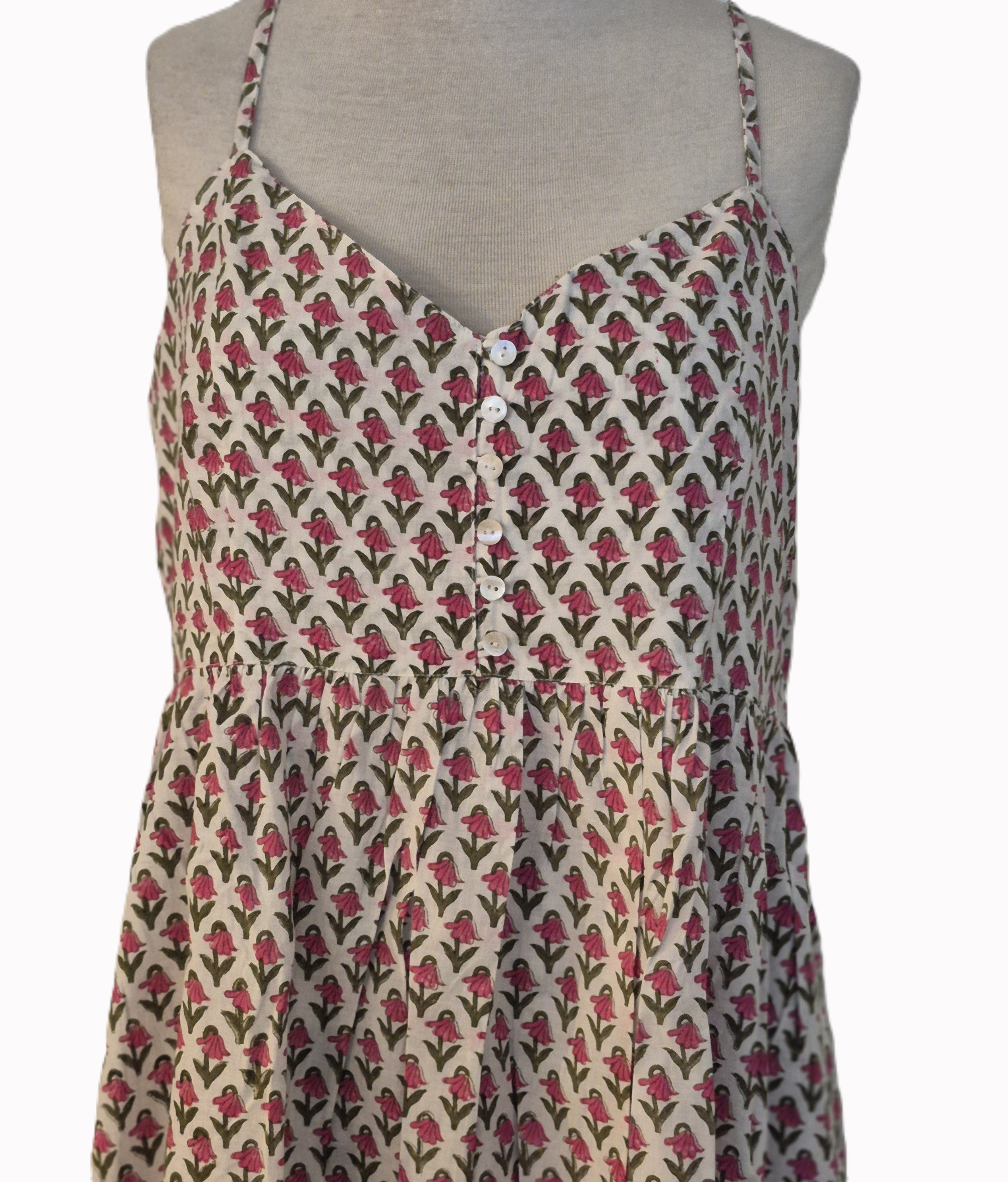 Block-print cotton sundress in a tulip print