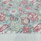 Hibiscus block-print cotton tablecloth, pink and green flowers on pale blue