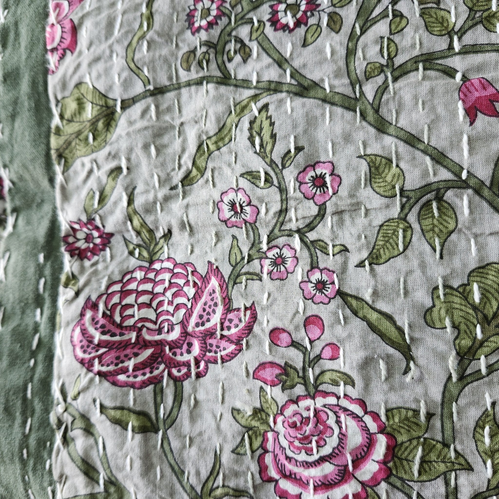 Extra-long kantha block-print tablecloth in sage green floral