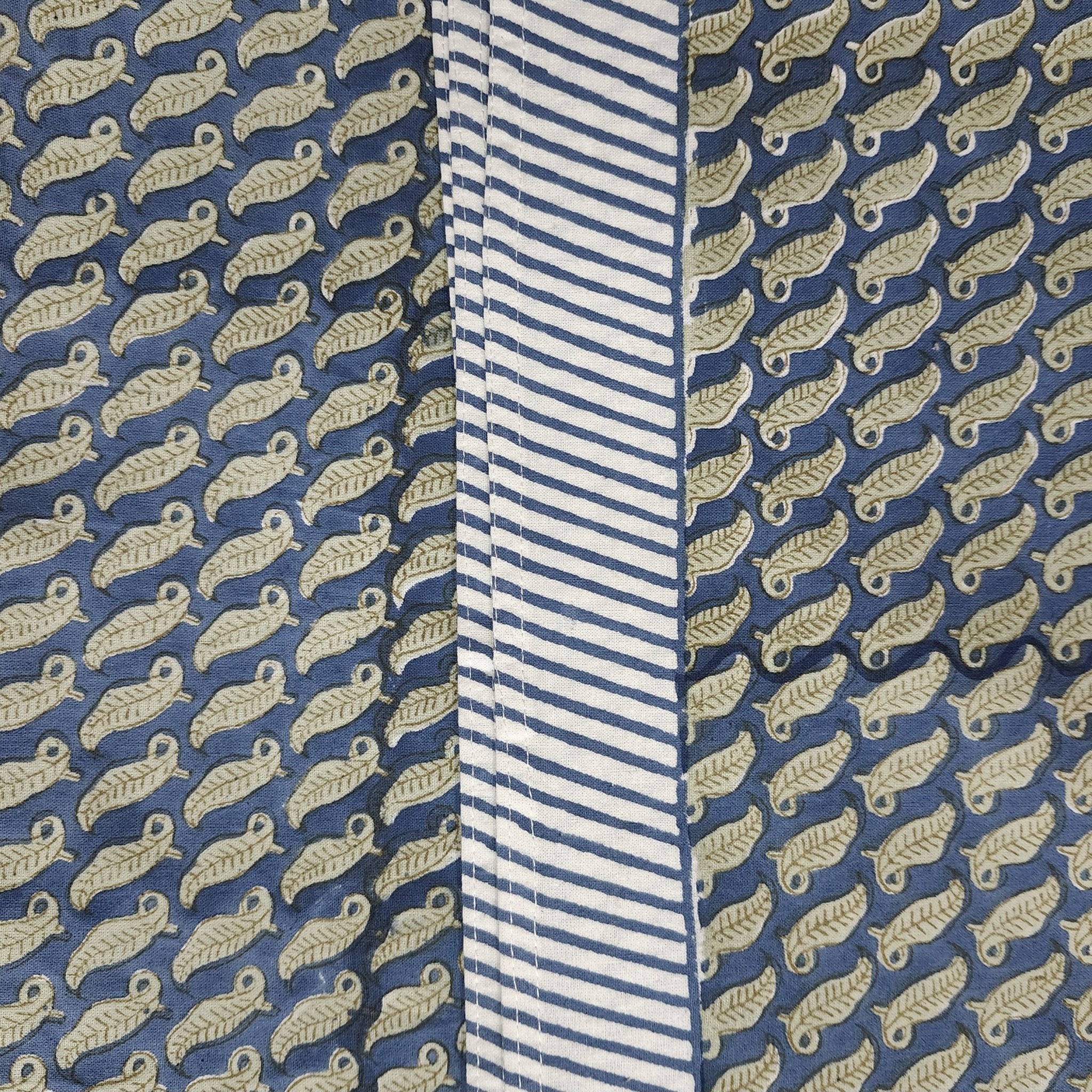 Sage green leaf block-print cotton tablecloth on blue with a striped border