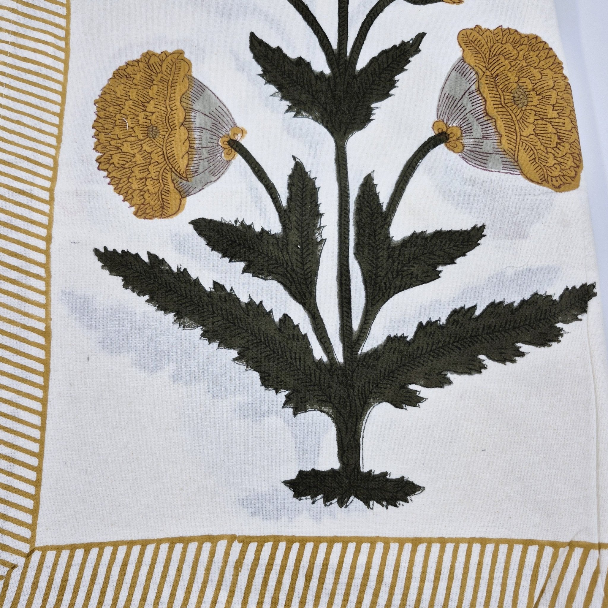 Mustard-yellow poppy block-print cotton tablecloth