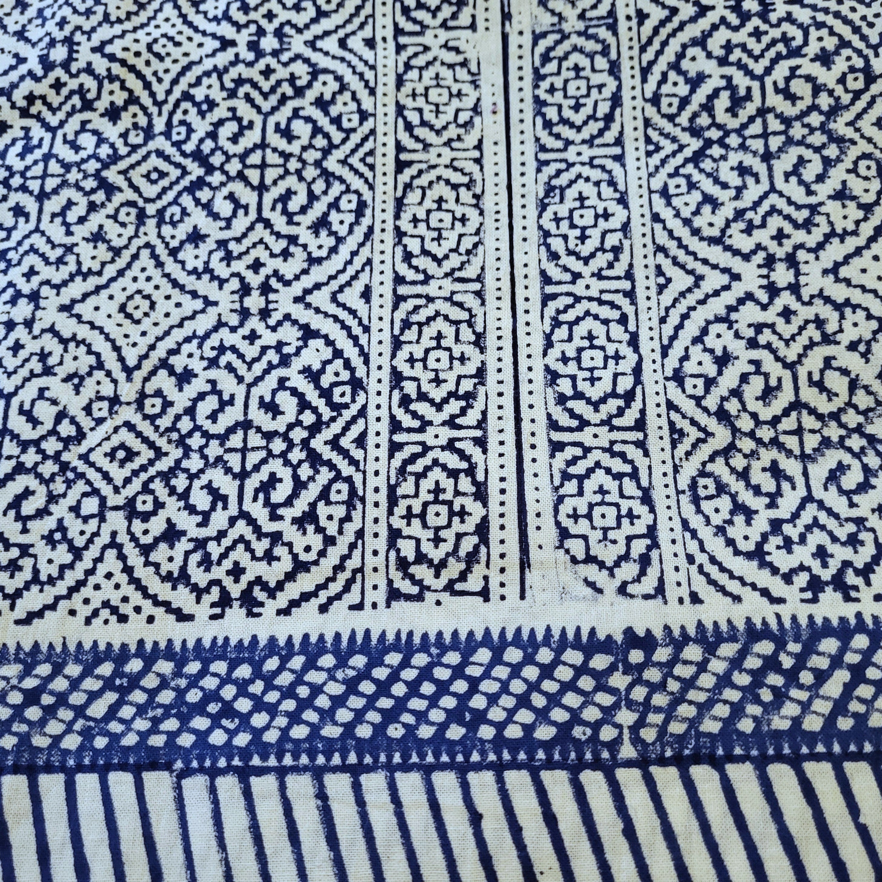 Blue and white patterned block print tablecloth with geometric designs