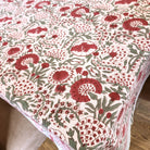 Carnation block-print cotton tablecloth, festive red and green
