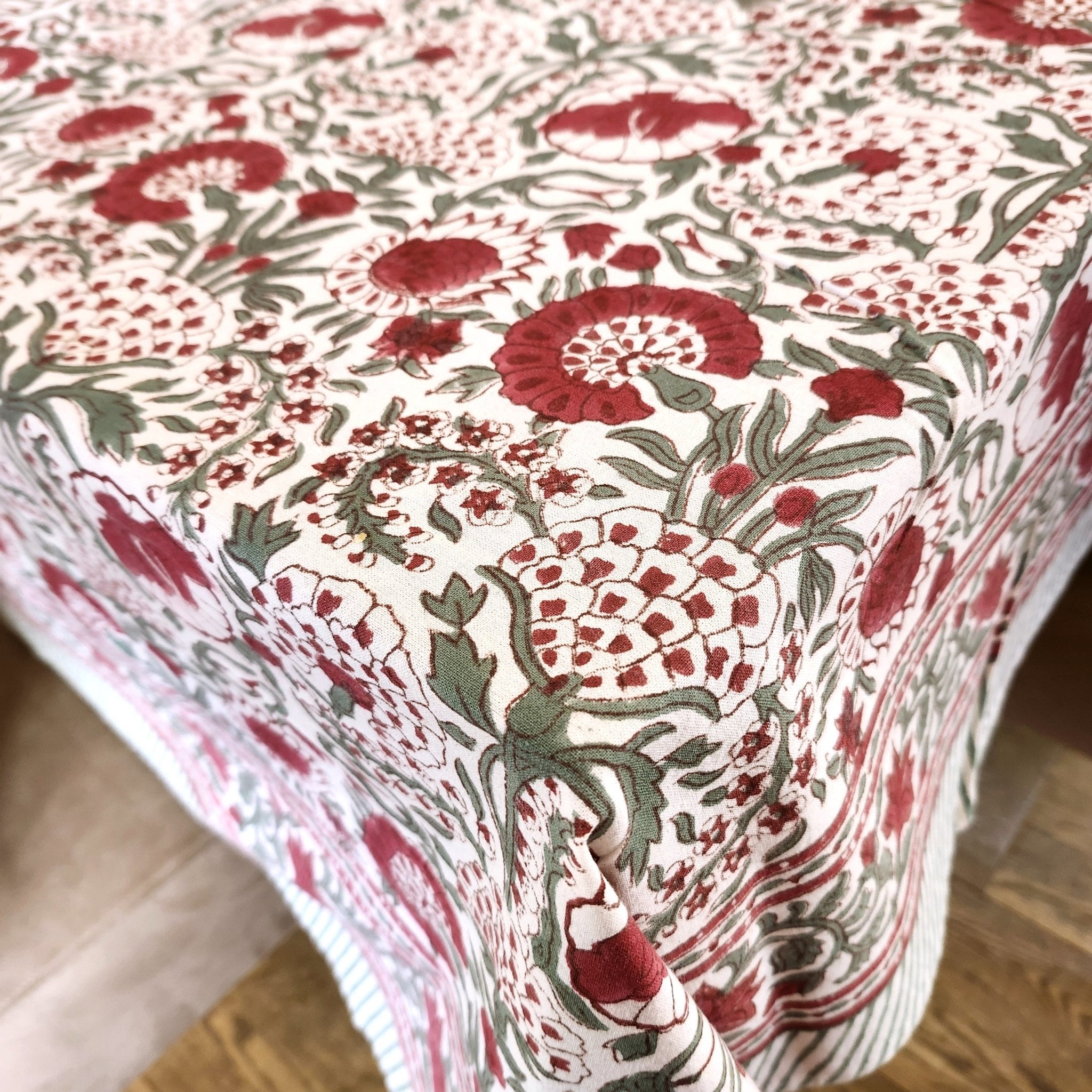 Red and green carnation block-print tablecloth