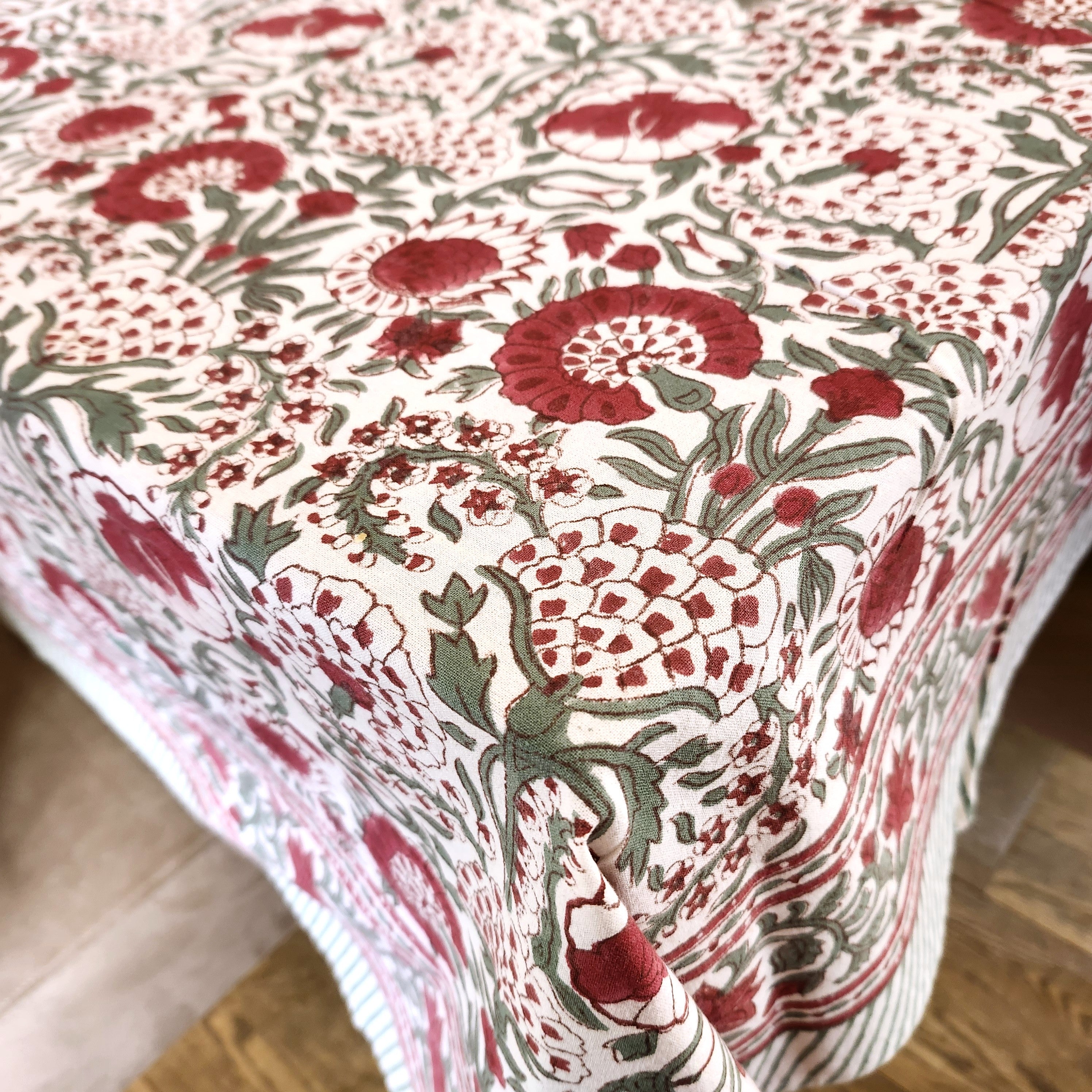 Red and green carnation block-print tablecloth