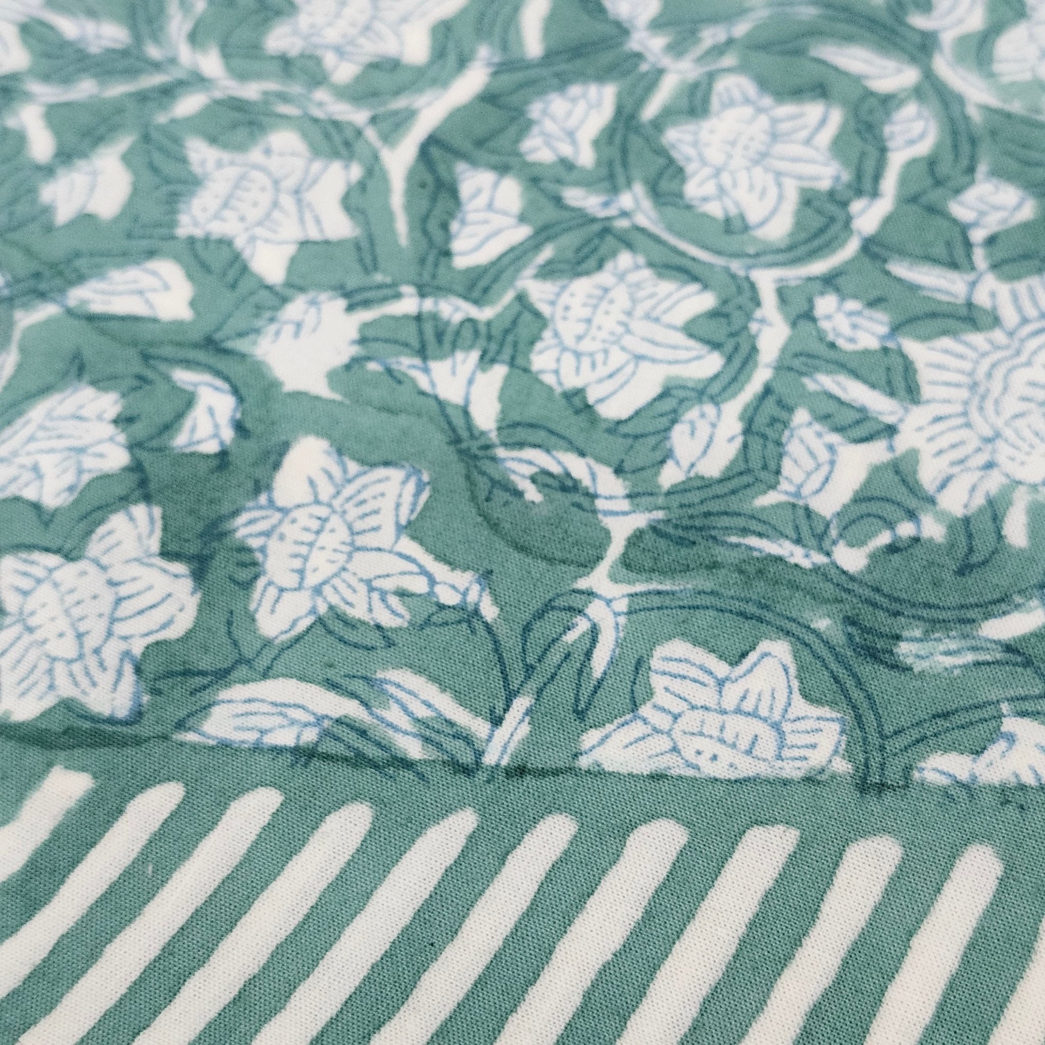 Floral green block-print cotton tablecloth